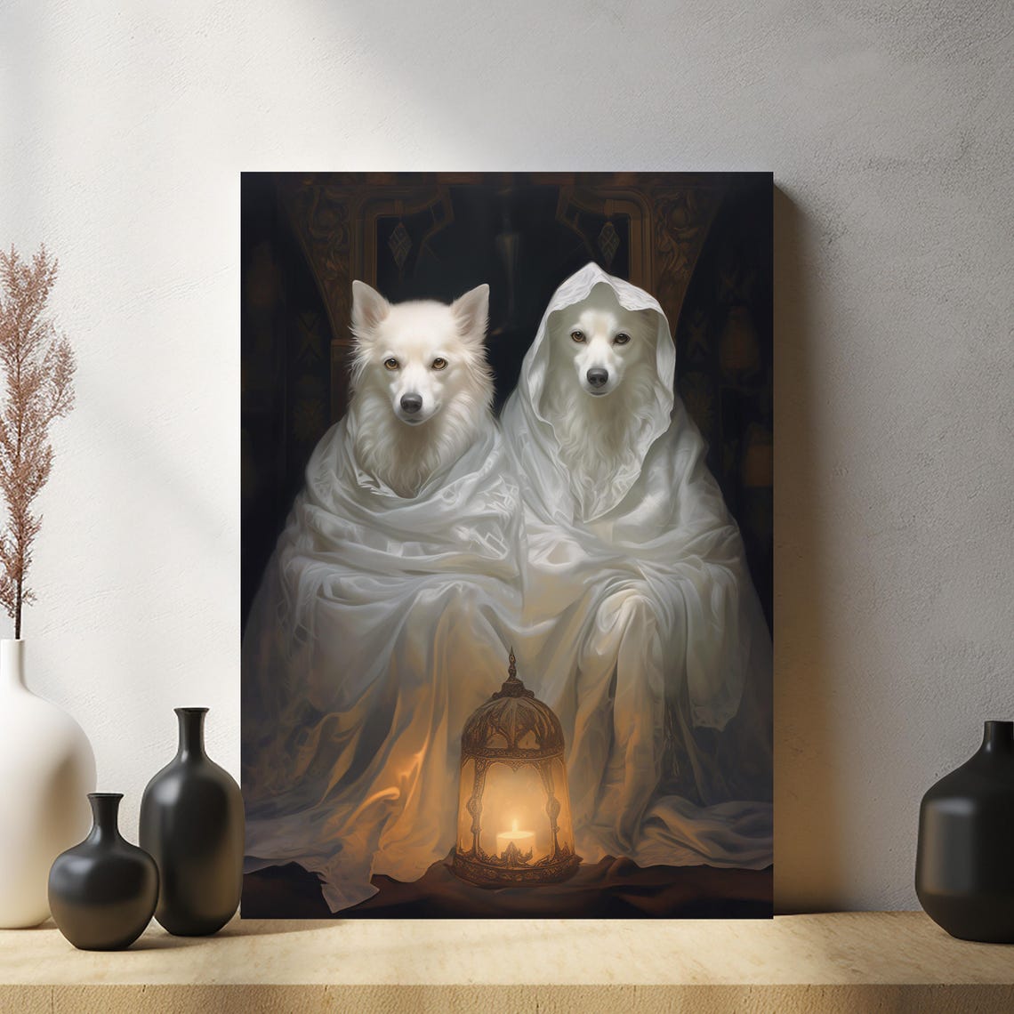 Halloween Two Pets Portrait Poster Canvas Halloween Wall Decor Art Gift for Pet Lovers