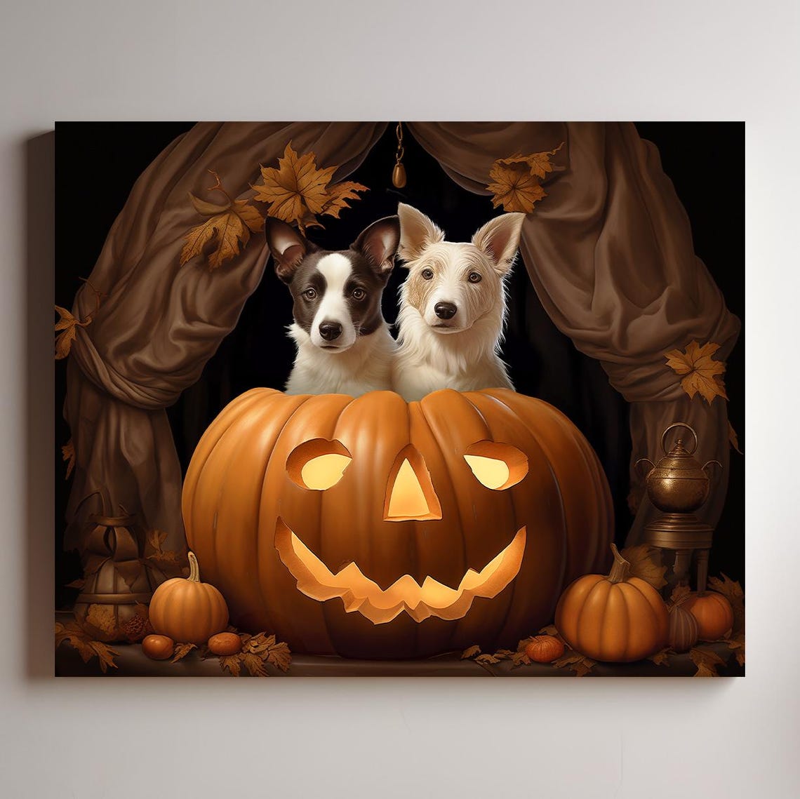 Halloween Two Pets Portrait Poster Canvas Halloween Wall Decor Art Gift for Pet Lovers