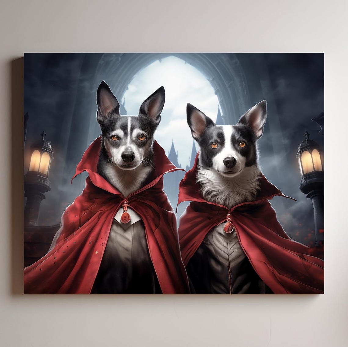 Halloween Two Pets Portrait Poster Canvas Halloween Wall Decor Art Gift for Pet Lovers