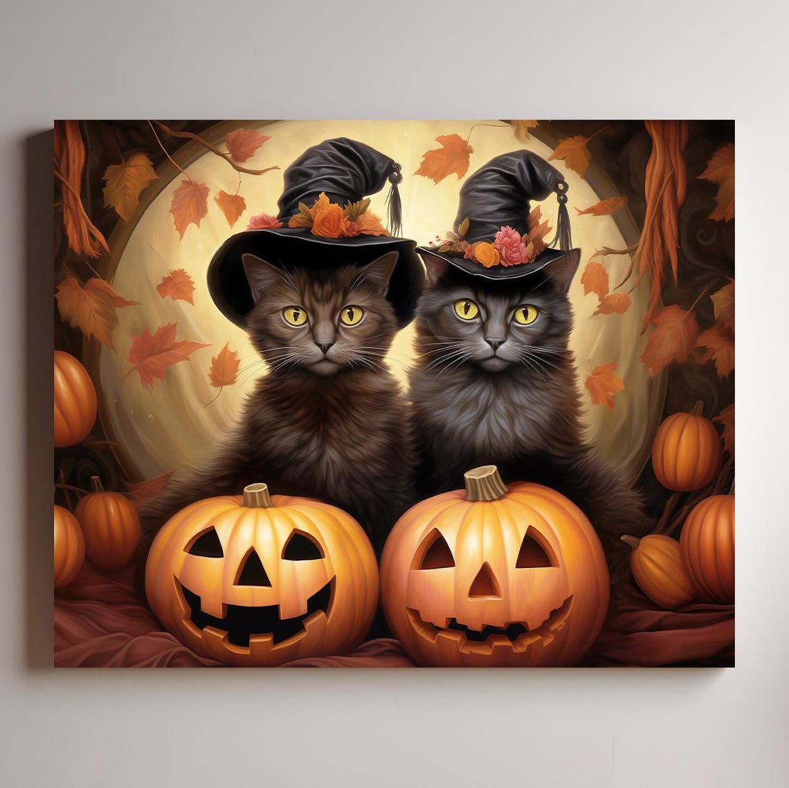 Halloween Two Pets Portrait Poster Canvas Halloween Wall Decor Art Gift for Pet Lovers