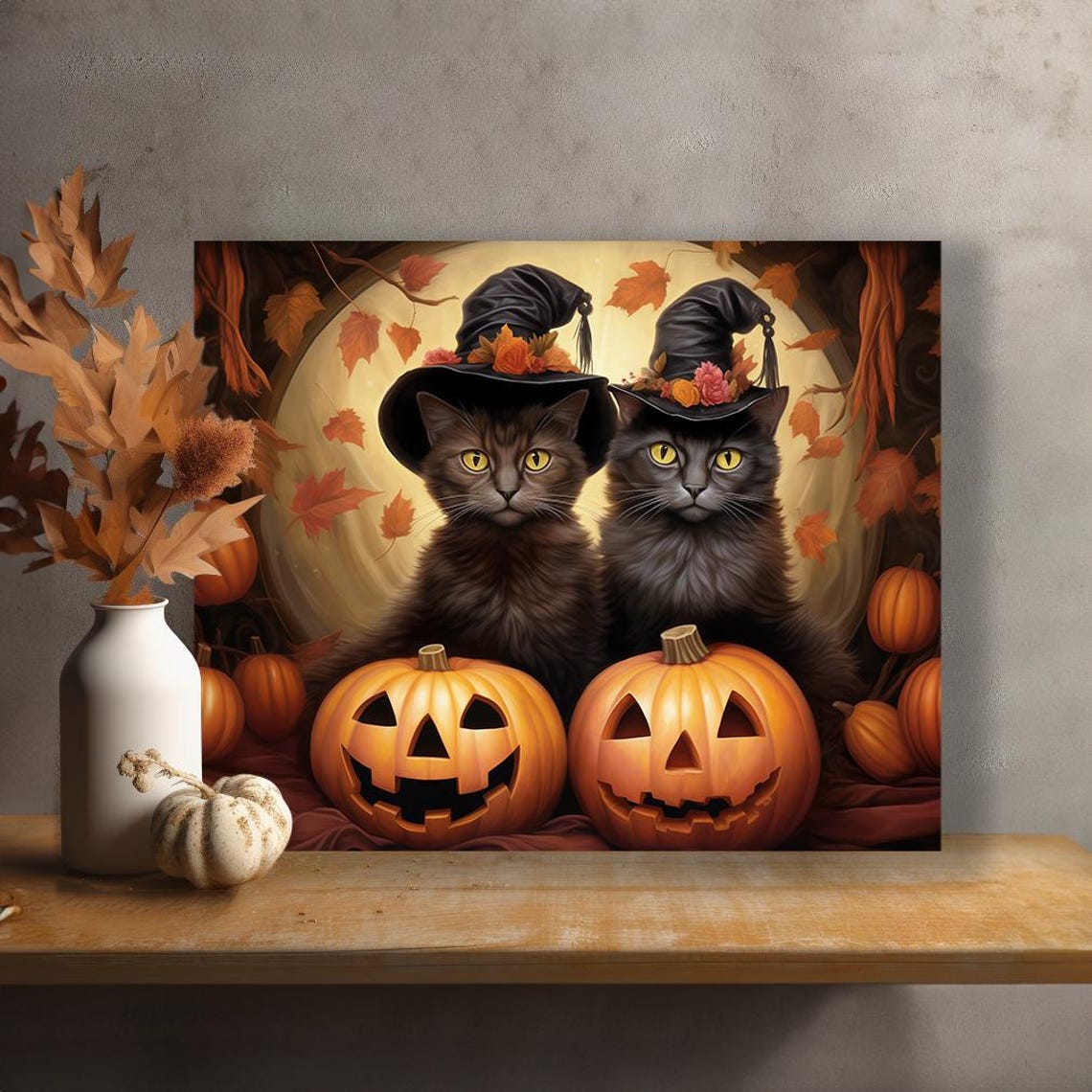 Halloween Two Pets Portrait Poster Canvas Halloween Wall Decor Art Gift for Pet Lovers