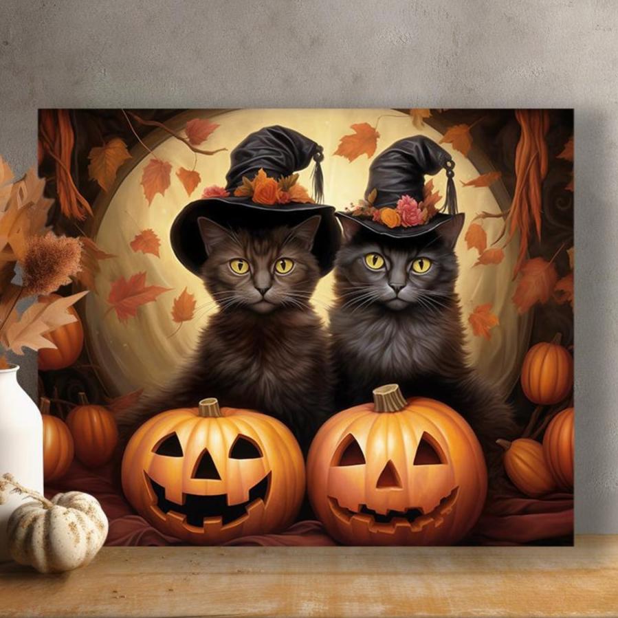 Halloween Two Pets Portrait Poster Canvas Halloween Wall Decor Art Gift for Pet Lovers