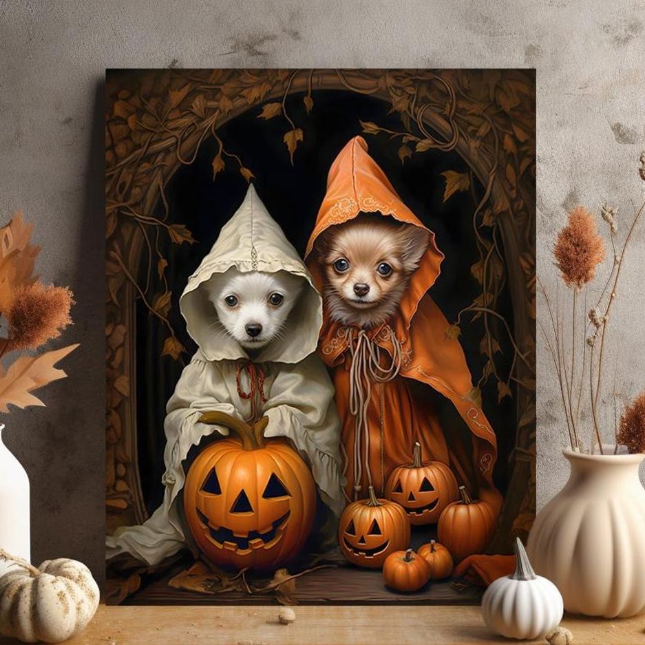 Halloween Two Pets Portrait Poster Canvas Halloween Wall Decor Art Gift for Pet Lovers