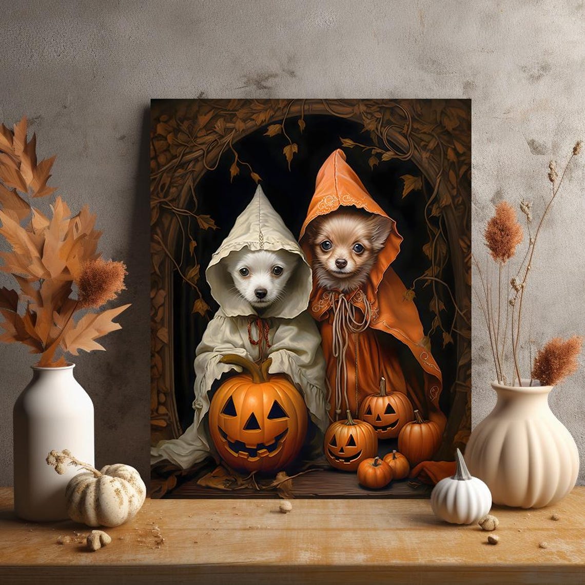 Halloween Two Pets Portrait Poster Canvas Halloween Wall Decor Art Gift for Pet Lovers