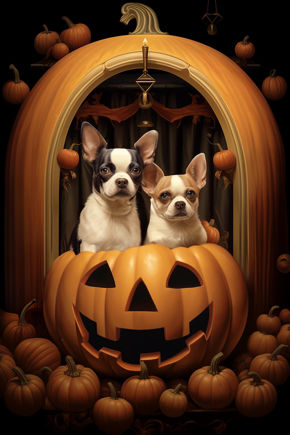 Halloween Two Pets Portrait Poster Canvas Halloween Wall Decor Art Gift for Pet Lovers