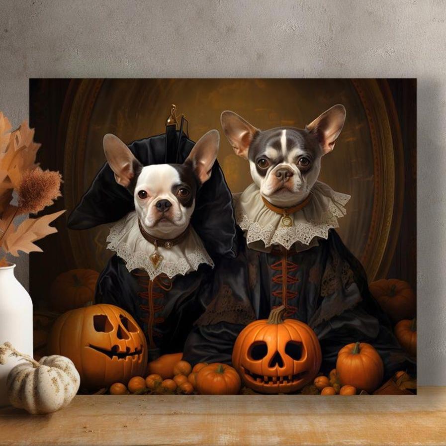 Halloween Two Pets Portrait Poster Canvas Halloween Wall Decor Art Gift for Pet Lovers