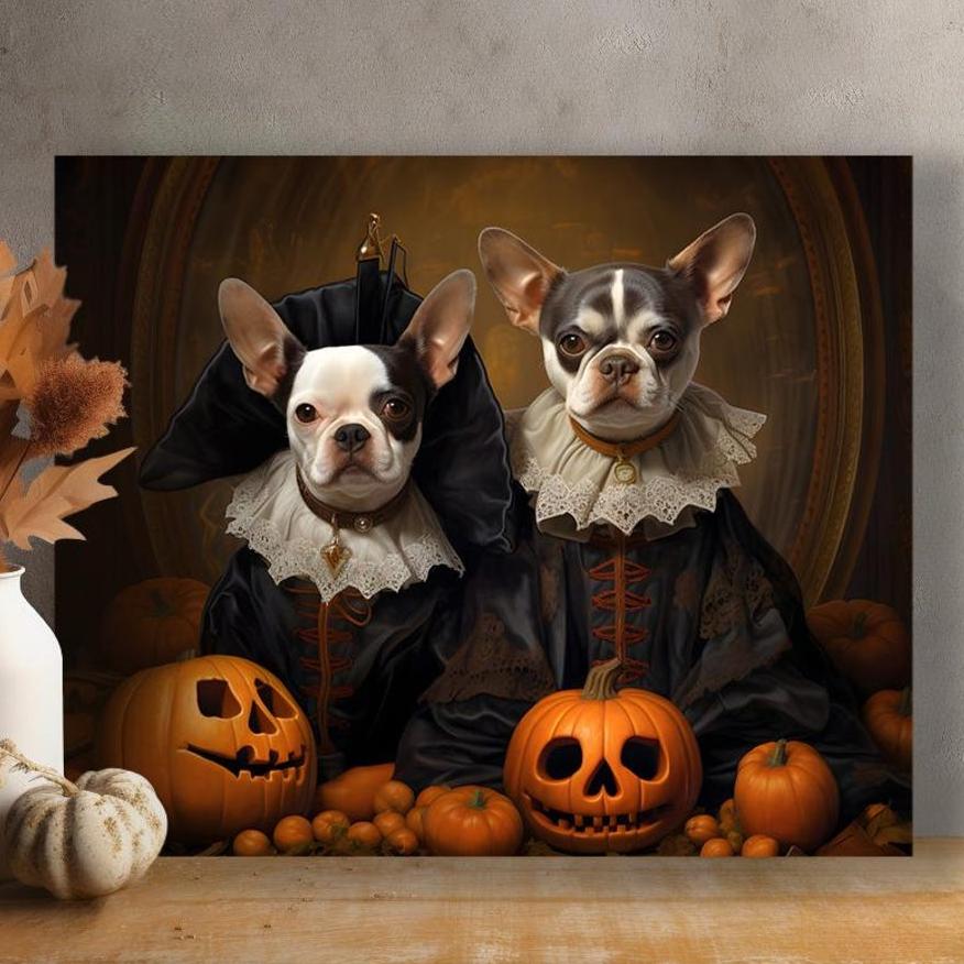 Halloween Two Pets Portrait Poster Canvas Halloween Wall Decor Art Gift for Pet Lovers