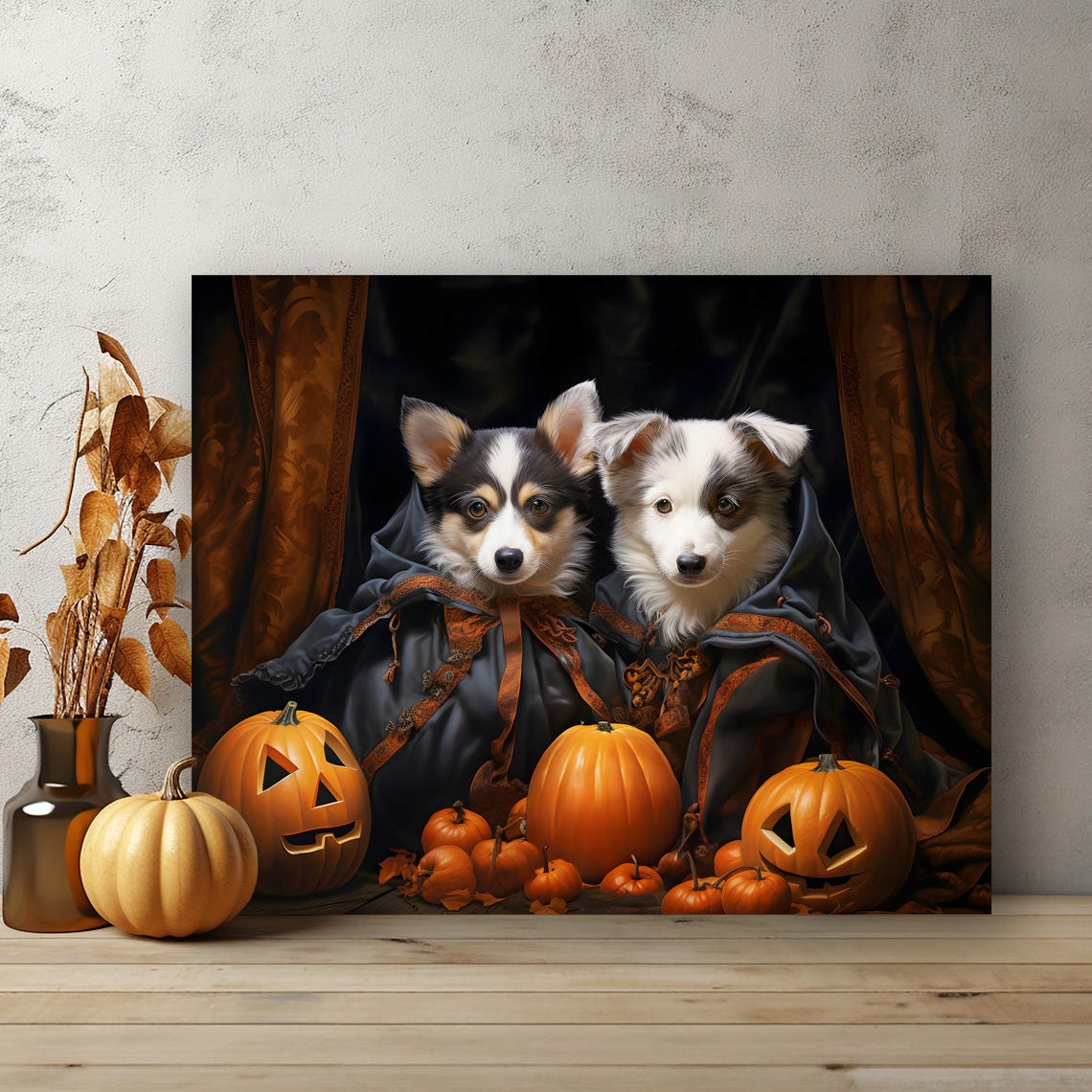 Halloween Two Pets Portrait Poster Canvas Halloween Wall Decor Art Gift for Pet Lovers