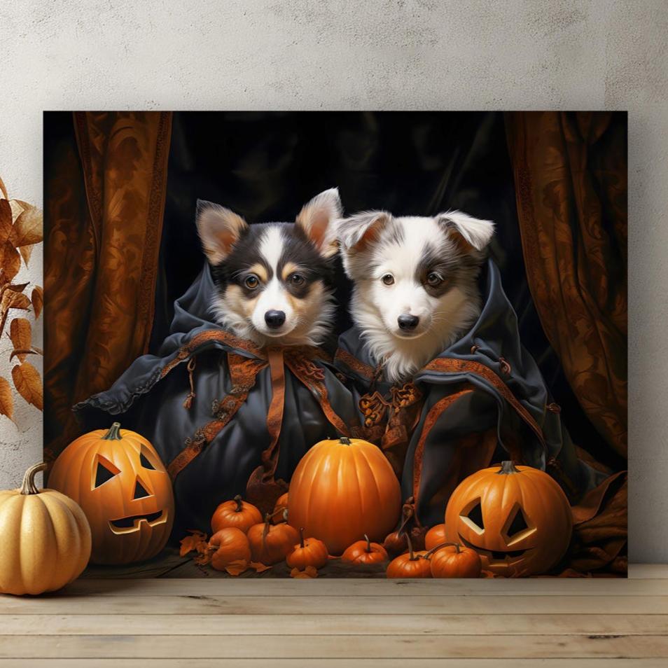 Halloween Two Pets Portrait Poster Canvas Halloween Wall Decor Art Gift for Pet Lovers