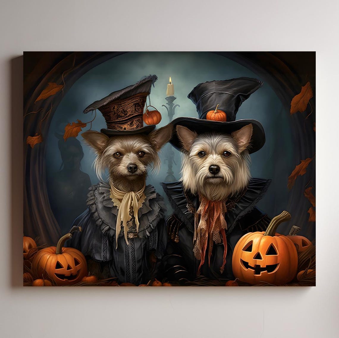 Halloween Two Pets Portrait Poster Canvas Halloween Wall Decor Art Gift for Pet Lovers