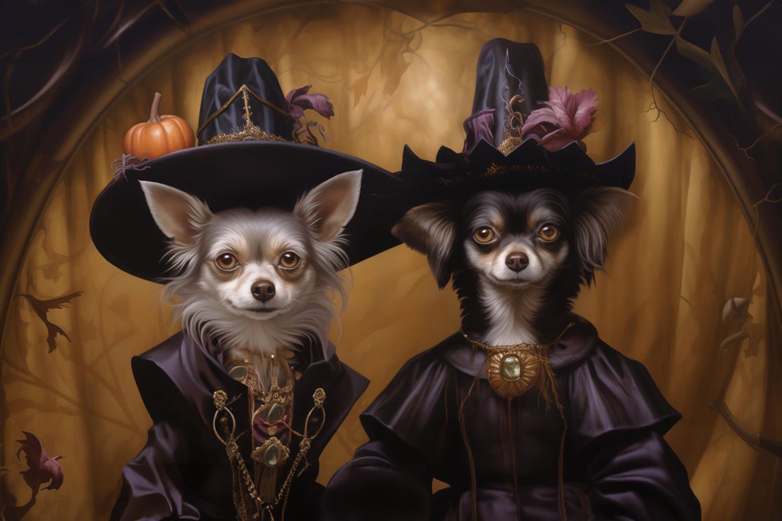 Halloween Two Pets Portrait Poster Canvas Halloween Wall Decor Art Gift for Pet Lovers