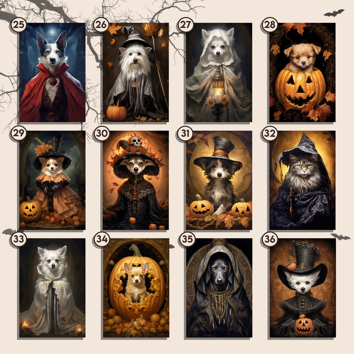 Halloween Pet Portrait Poster Canvas Halloween Wall Decor Art Gift for Pet Lovers