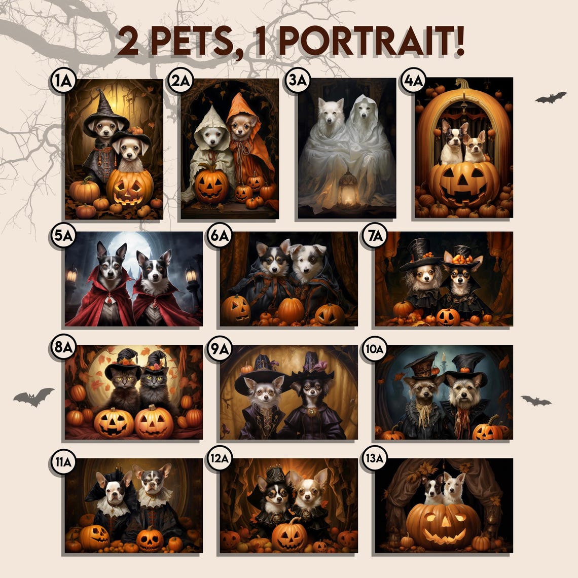 Halloween Two Pets Portrait Poster Canvas Halloween Wall Decor Art Gift for Pet Lovers