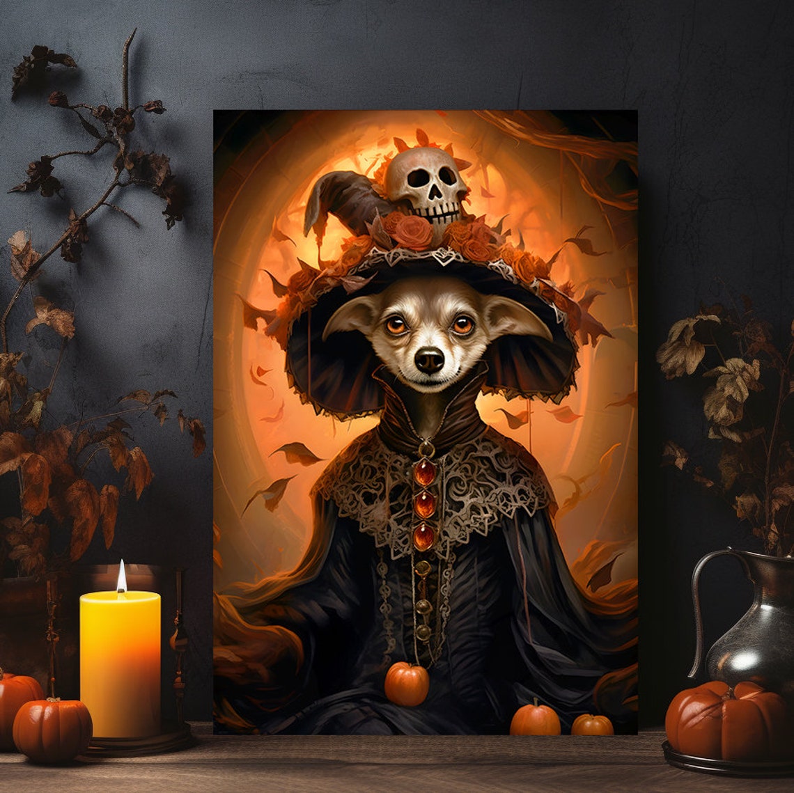 Halloween Pet Portrait Poster Canvas Halloween Wall Decor Art Gift for Pet Lovers