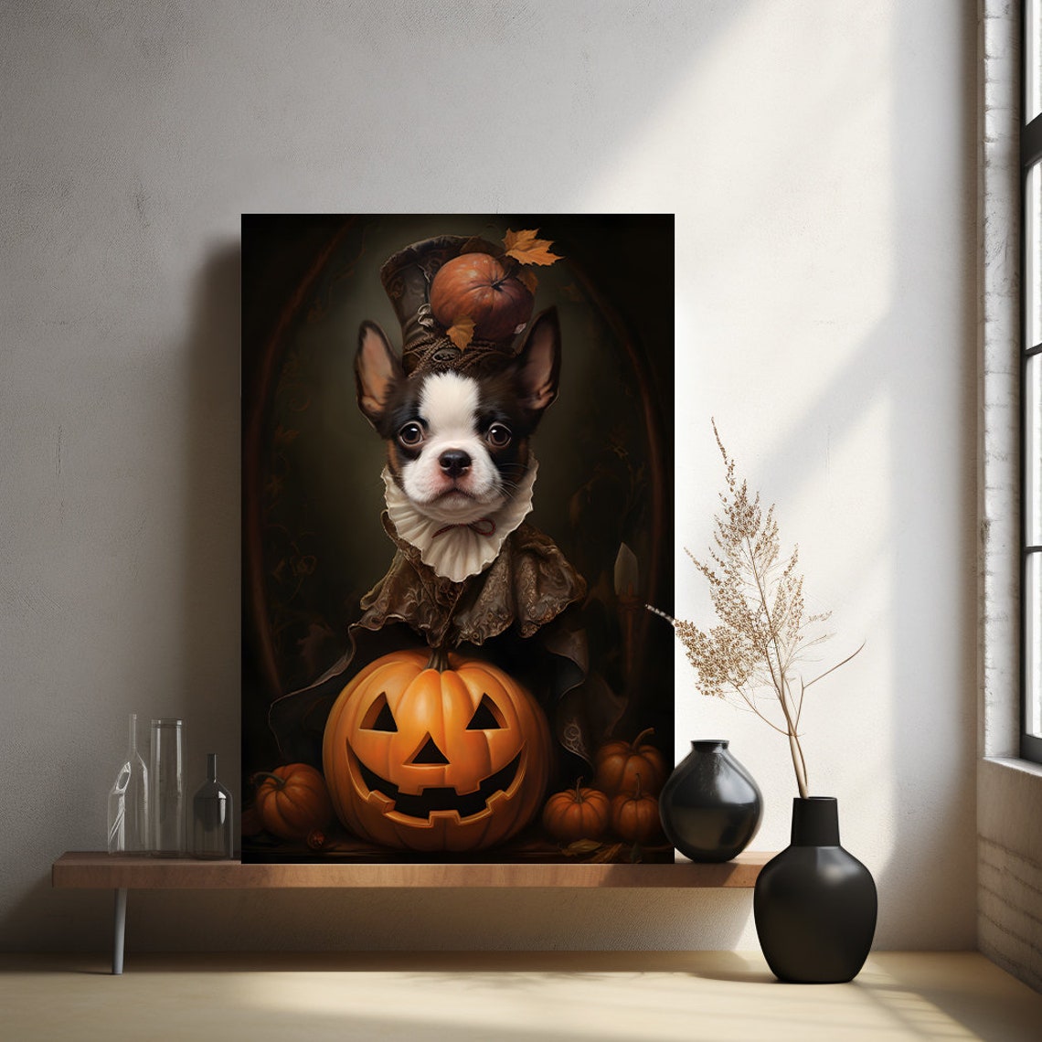 Halloween Pet Portrait Poster Canvas Halloween Wall Decor Art Gift for Pet Lovers