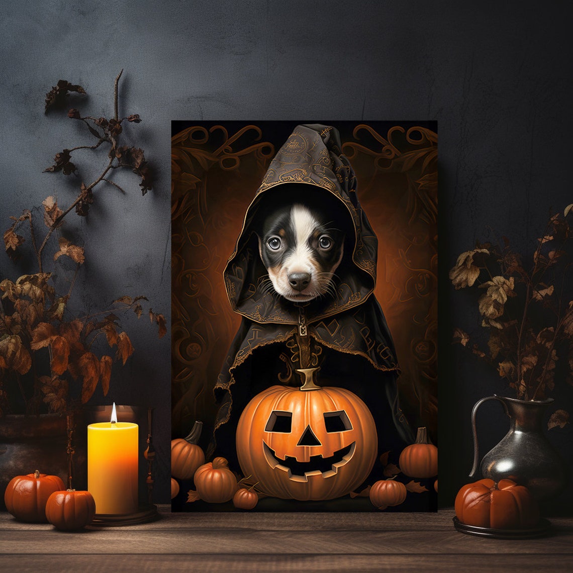 Halloween Pet Portrait Poster Canvas Halloween Wall Decor Art Gift for Pet Lovers