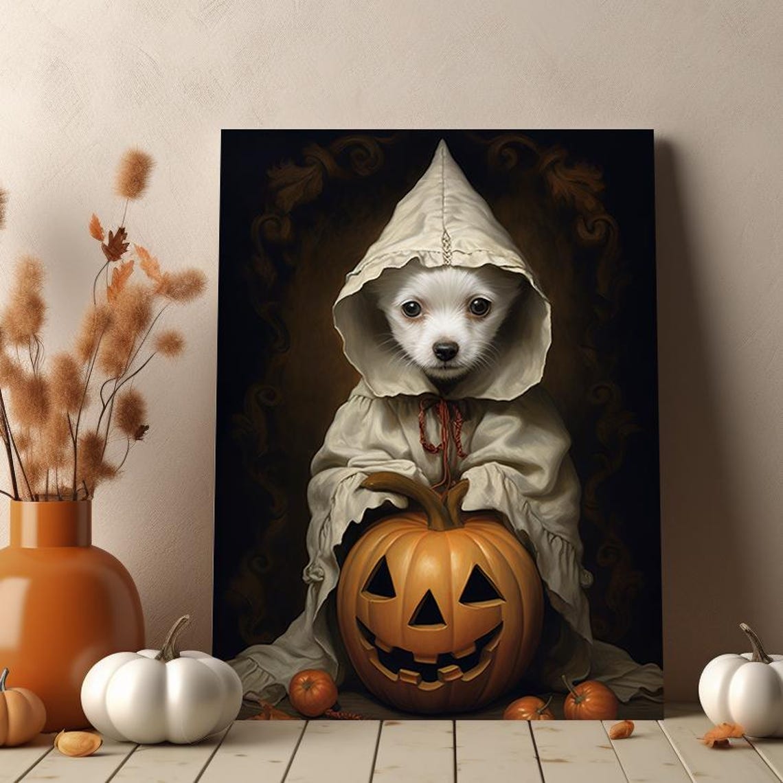 Halloween Pet Portrait Poster Canvas Halloween Wall Decor Art Gift for Pet Lovers