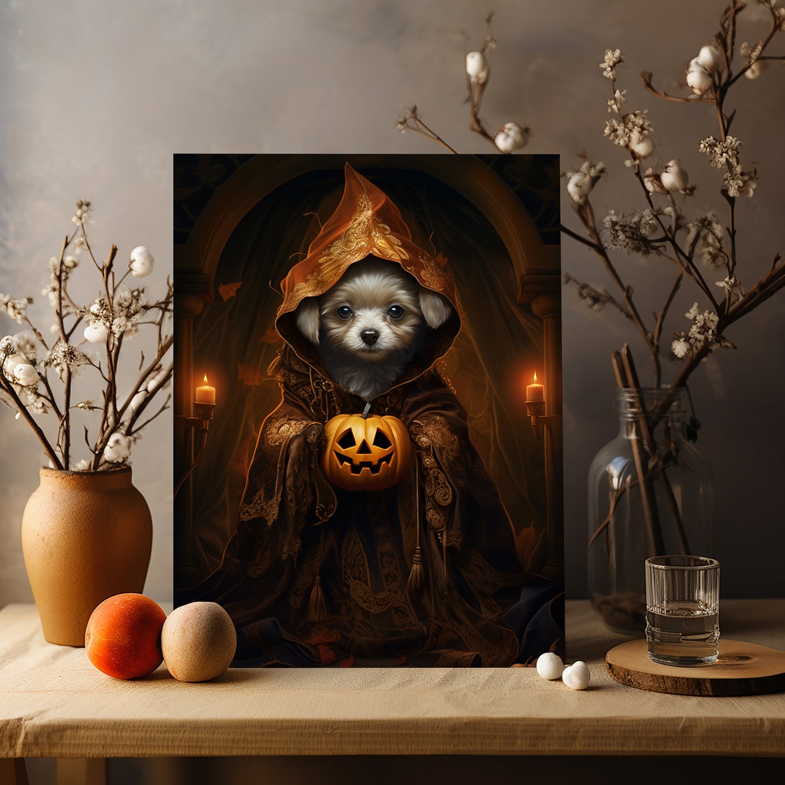 Halloween Pet Portrait Poster Canvas Halloween Wall Decor Art Gift for Pet Lovers