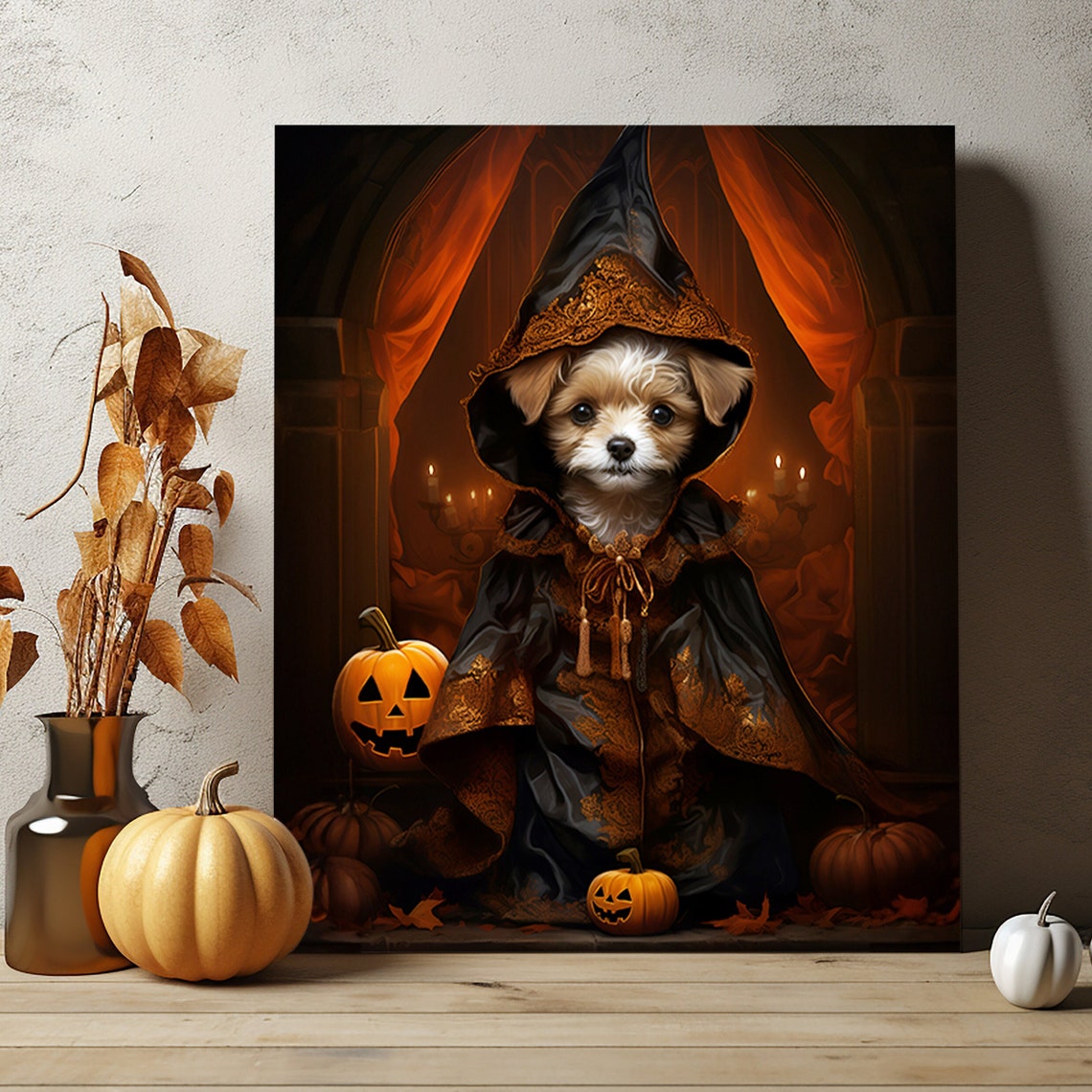 Halloween Pet Portrait Poster Canvas Halloween Wall Decor Art Gift for Pet Lovers