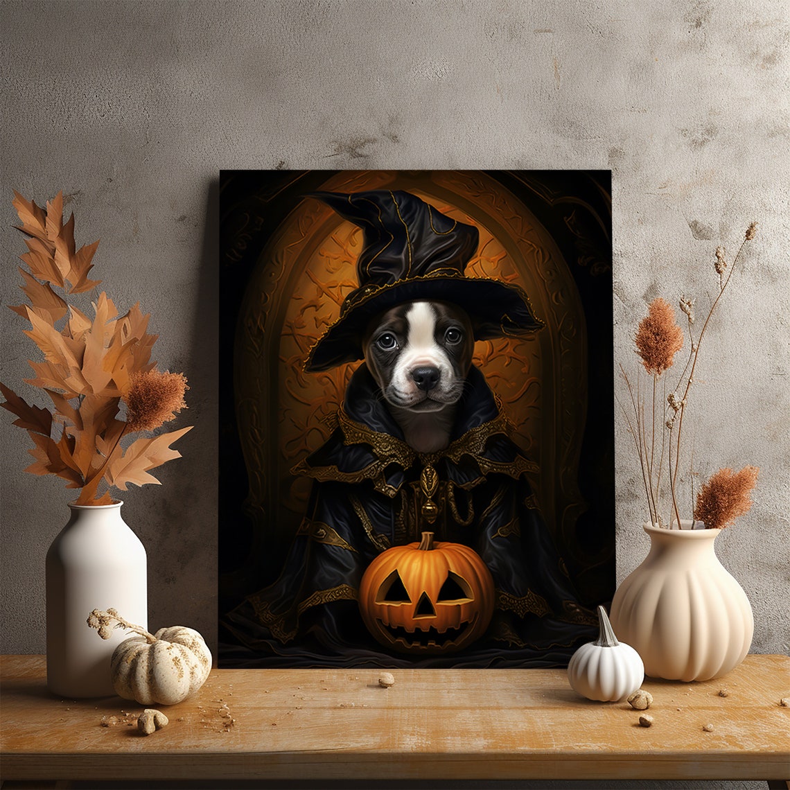 Halloween Pet Portrait Poster Canvas Halloween Wall Decor Art Gift for Pet Lovers