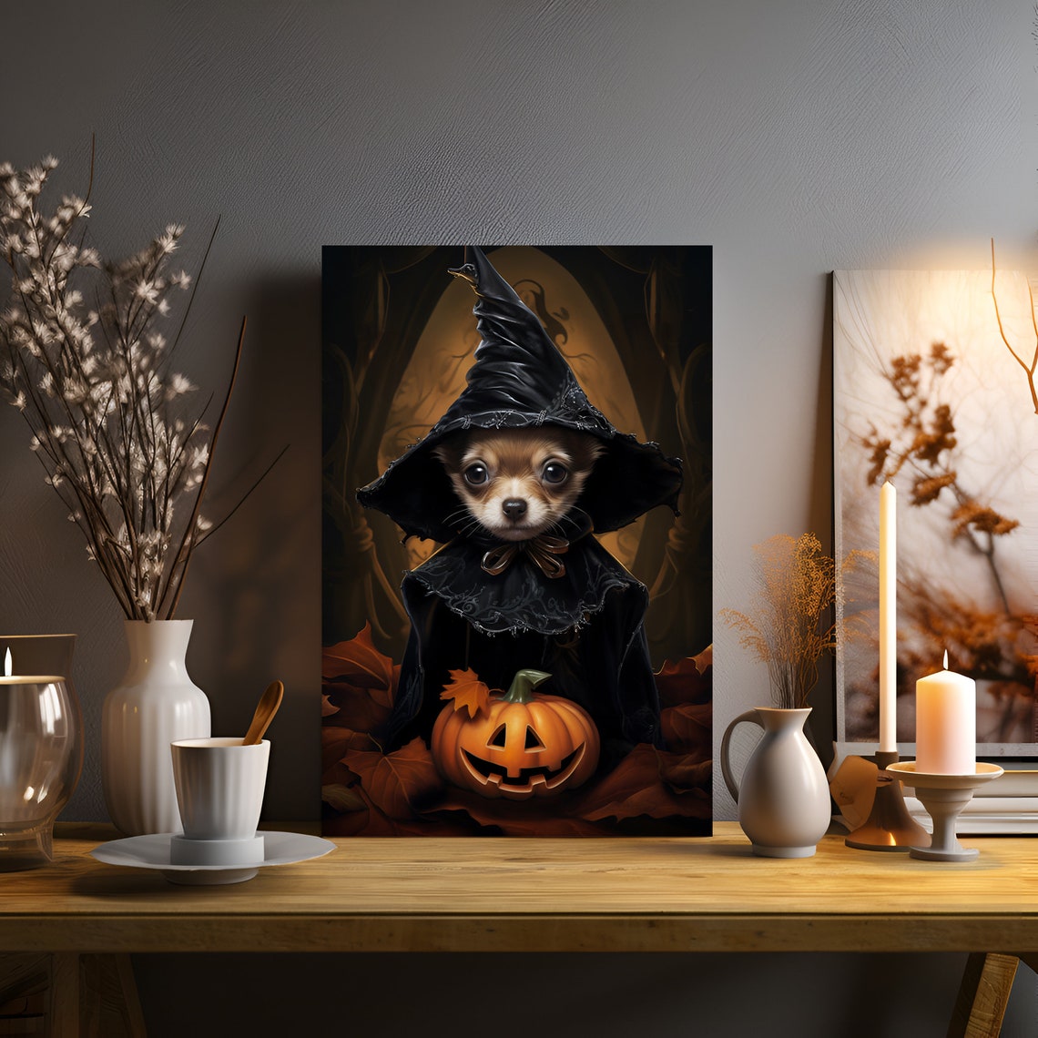 Halloween Pet Portrait Poster Canvas Halloween Wall Decor Art Gift for Pet Lovers