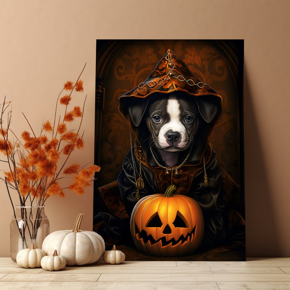 Halloween Pet Portrait Poster Canvas Halloween Wall Decor Art Gift for Pet Lovers