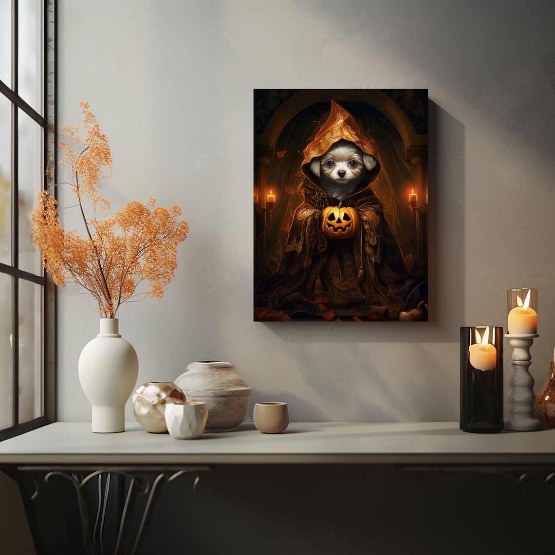 Halloween Pet Portrait Poster Canvas Halloween Wall Decor Art Gift for Pet Lovers