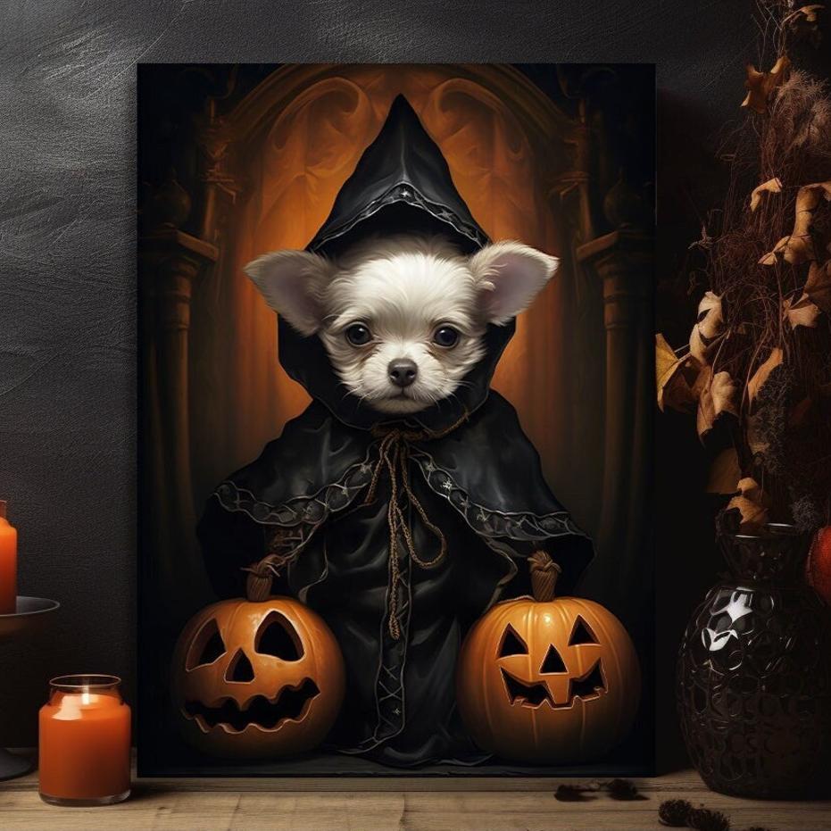 Halloween Pet Portrait Poster Canvas Halloween Wall Decor Art Gift for Pet Lovers