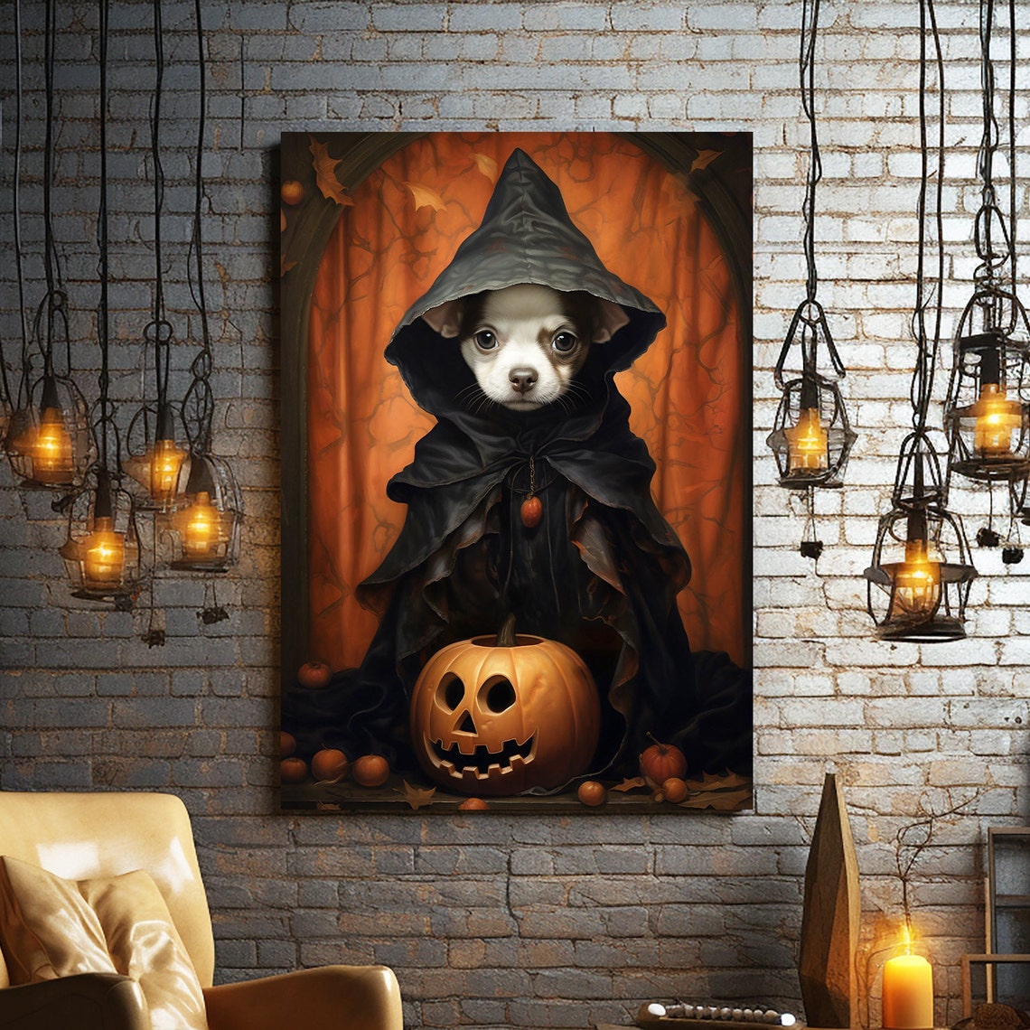 Halloween Pet Portrait Poster Canvas Halloween Wall Decor Art Gift for Pet Lovers