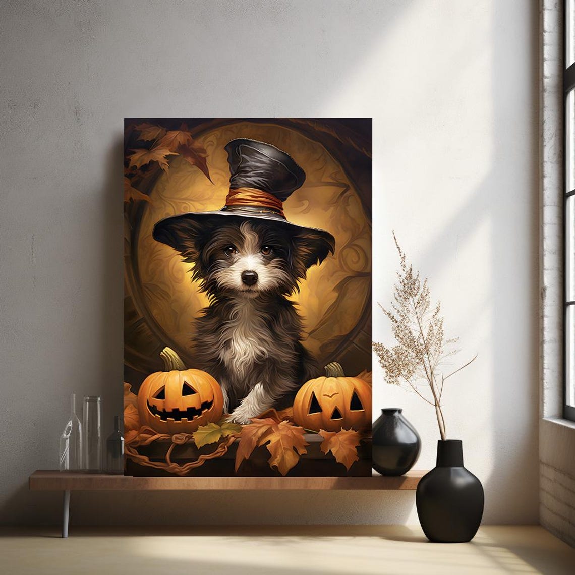 Halloween Pet Portrait Poster Canvas Halloween Wall Decor Art Gift for Pet Lovers