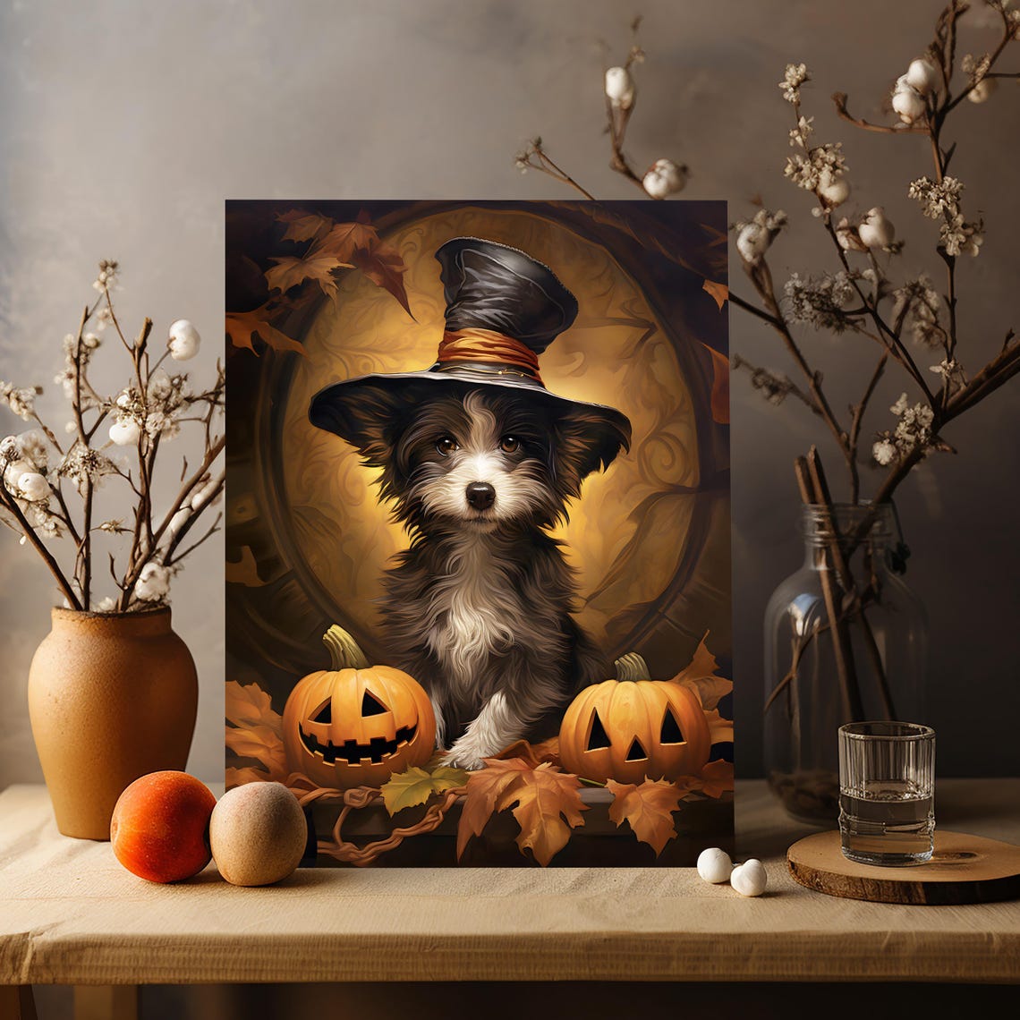 Halloween Pet Portrait Poster Canvas Halloween Wall Decor Art Gift for Pet Lovers