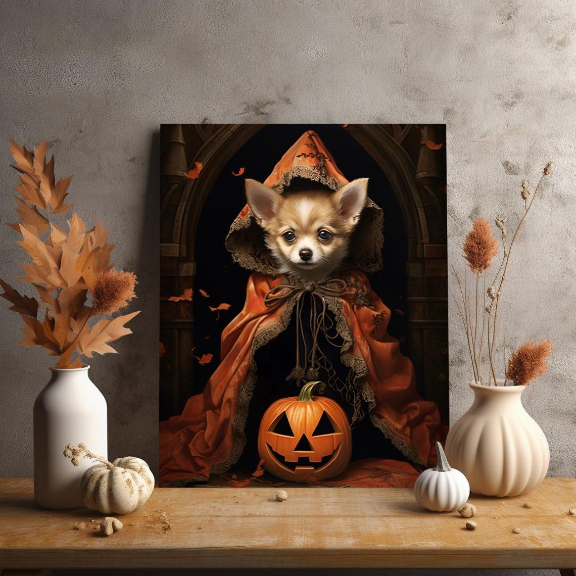 Halloween Pet Portrait Poster Canvas Halloween Wall Decor Art Gift for Pet Lovers