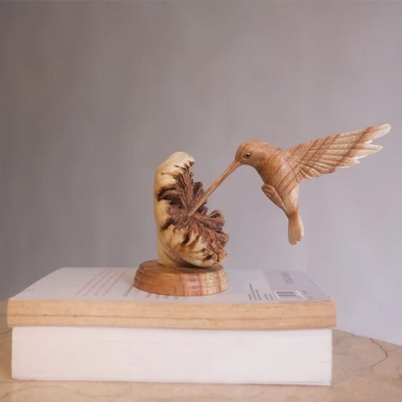 Wooden Hummingbird Feeding on a Flower, Handmade Sculpture