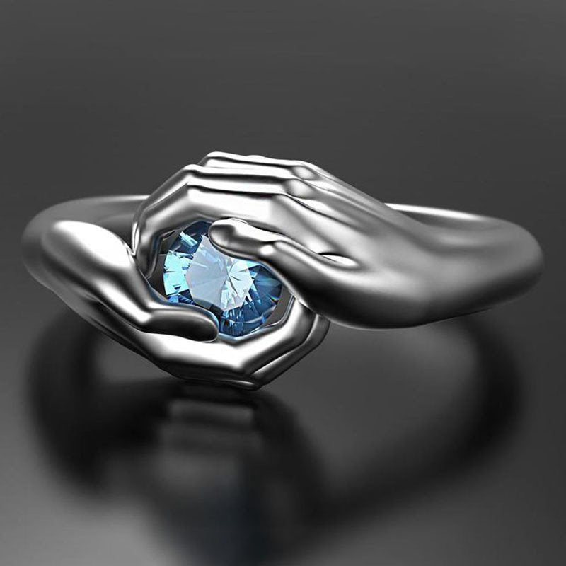 2022 New Hands Embracing Blue Gemstone Ladies Ring