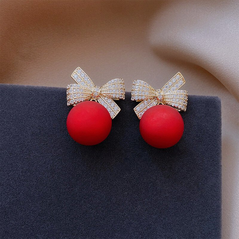 Bow red pearl earrings