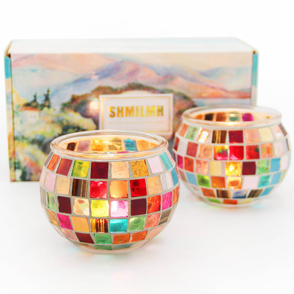 2 Pieces Handmade Rainbow Mosaic Glass Candle Holders Romantic Candlelight Decorative Ornaments Birthday Gifts