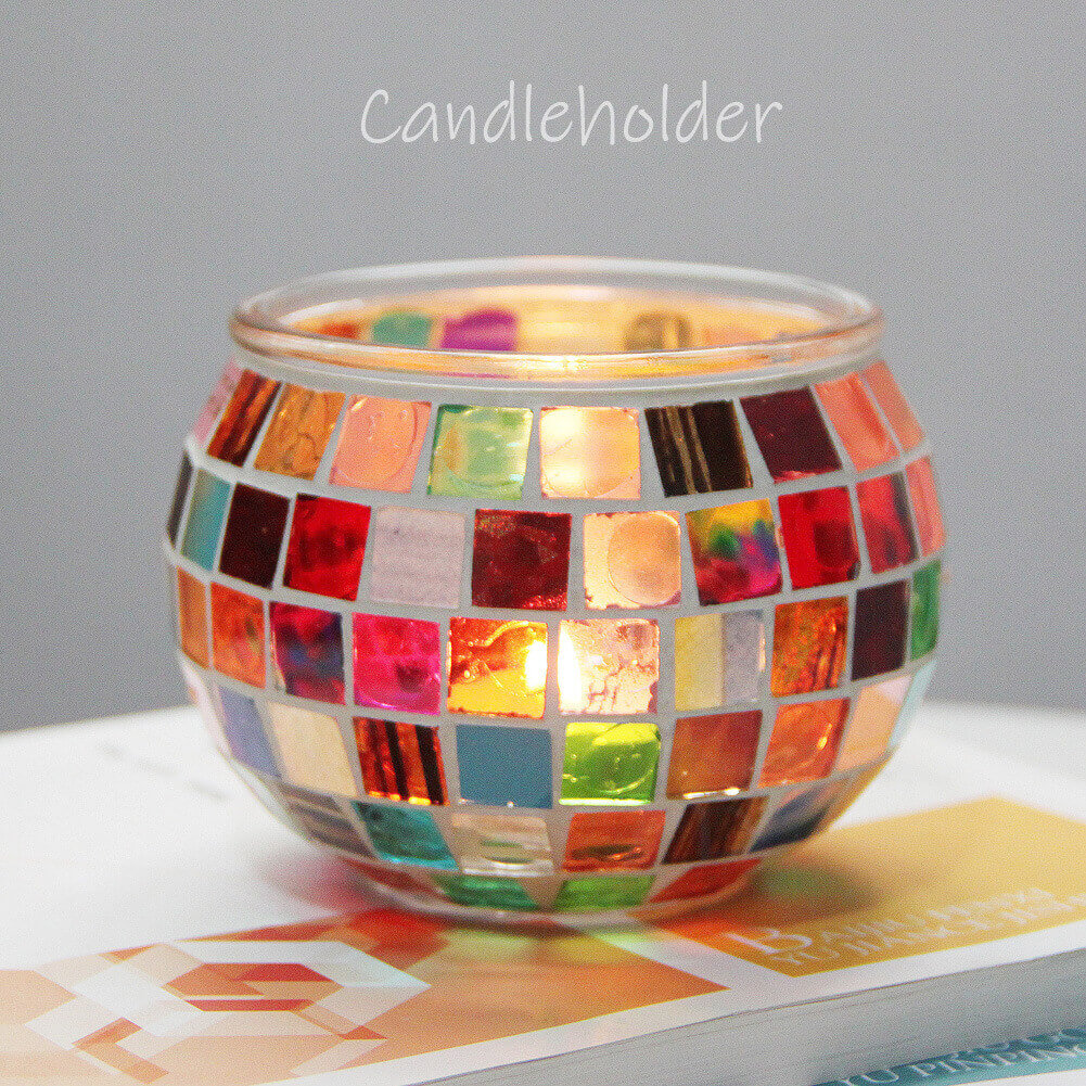 2 Pieces Handmade Rainbow Mosaic Glass Candle Holders Romantic Candlelight Decorative Ornaments Birthday Gifts