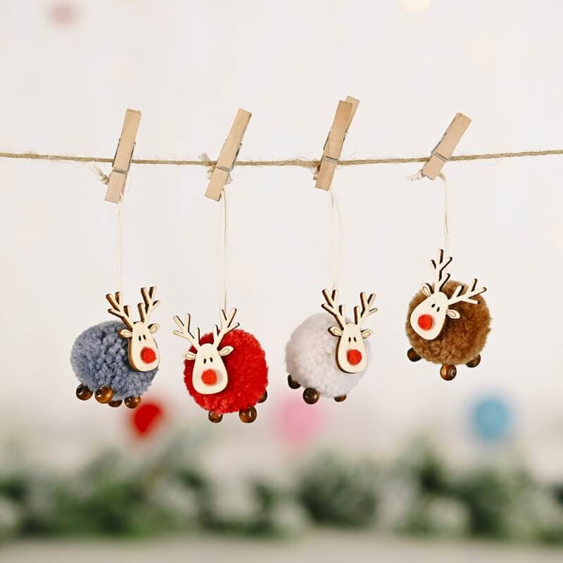 4PCS Christmas Cute Wool Felt Wooden Elk Antler Pendants Christmas Tree Decorations