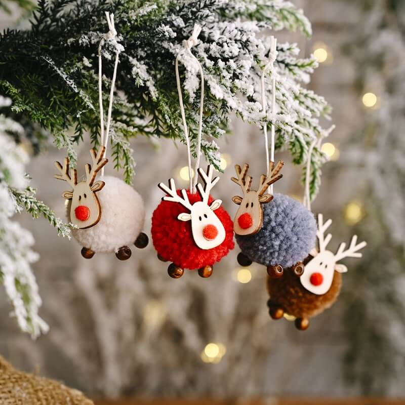 4PCS Christmas Cute Wool Felt Wooden Elk Antler Pendants Christmas Tree Decorations