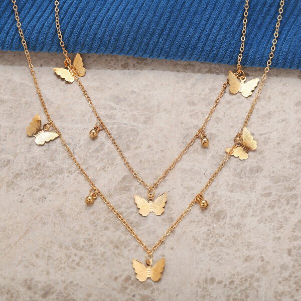 18K Gold Butterfly Choker Double Layer Necklace.