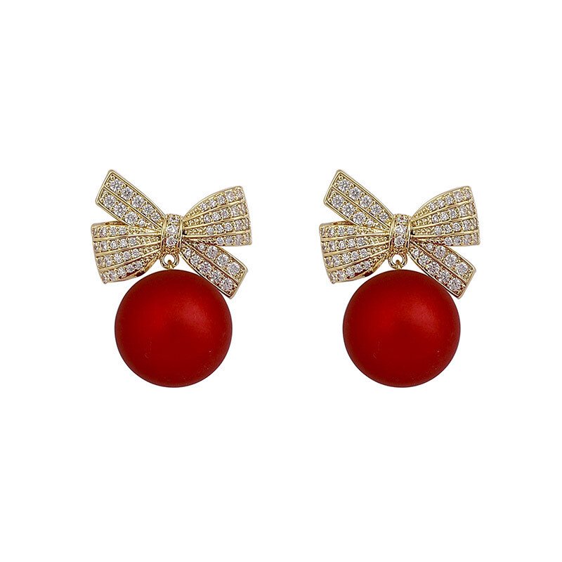 Bow red pearl earrings