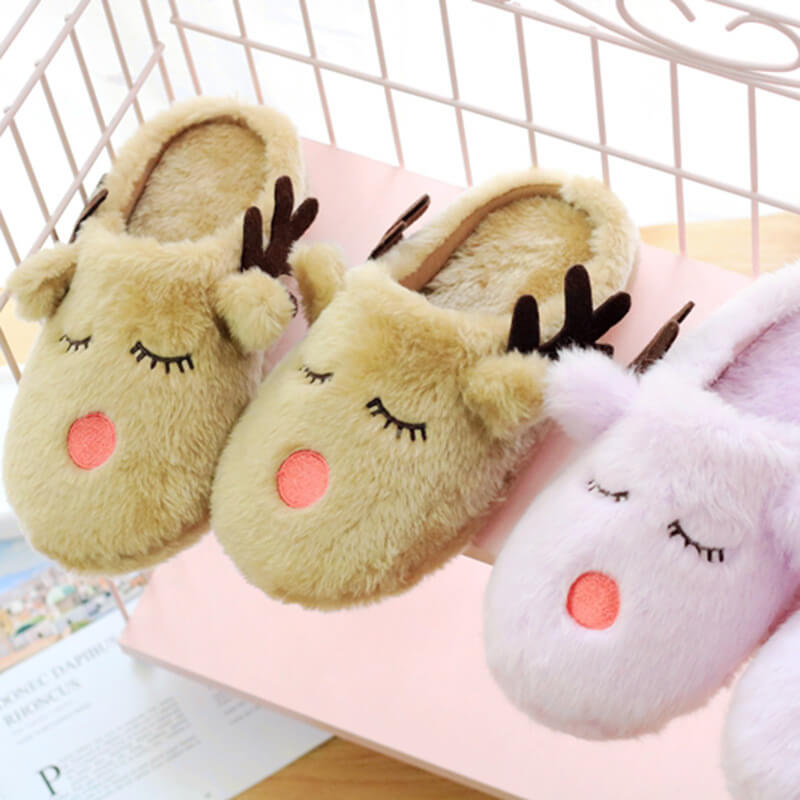 Christmas Cartoon Elk Plush Slippers Package, Thick Bottom Non-slip Slippers