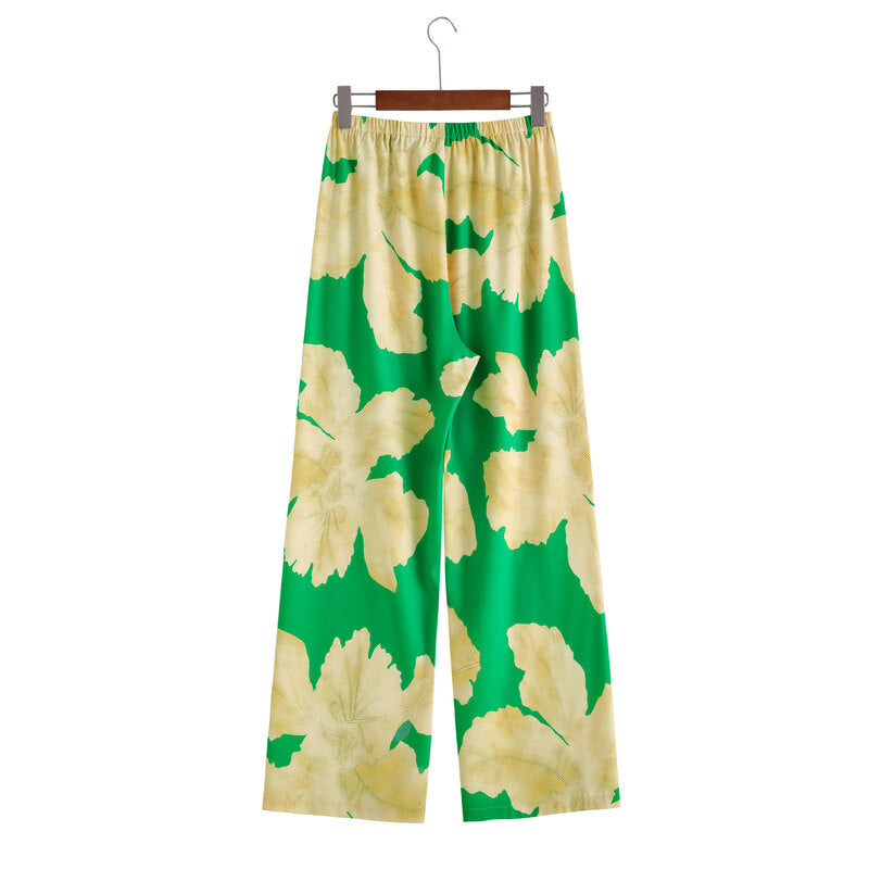 Printed Side Slit Chiffon Beach Cover Up and Elastic Waist Pants