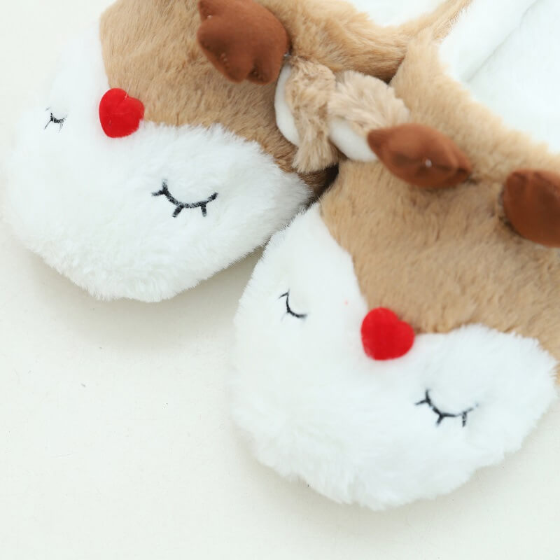 Cute Embroidered Christmas Moose Plush Indoor Home Women's Slippers