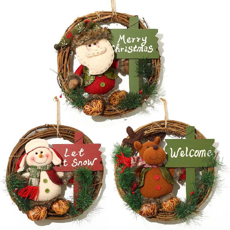 Christmas Rattan Hanging Wreath Christmas Wreaths for Front Door Santa Snowman Deer Christmas Wreath