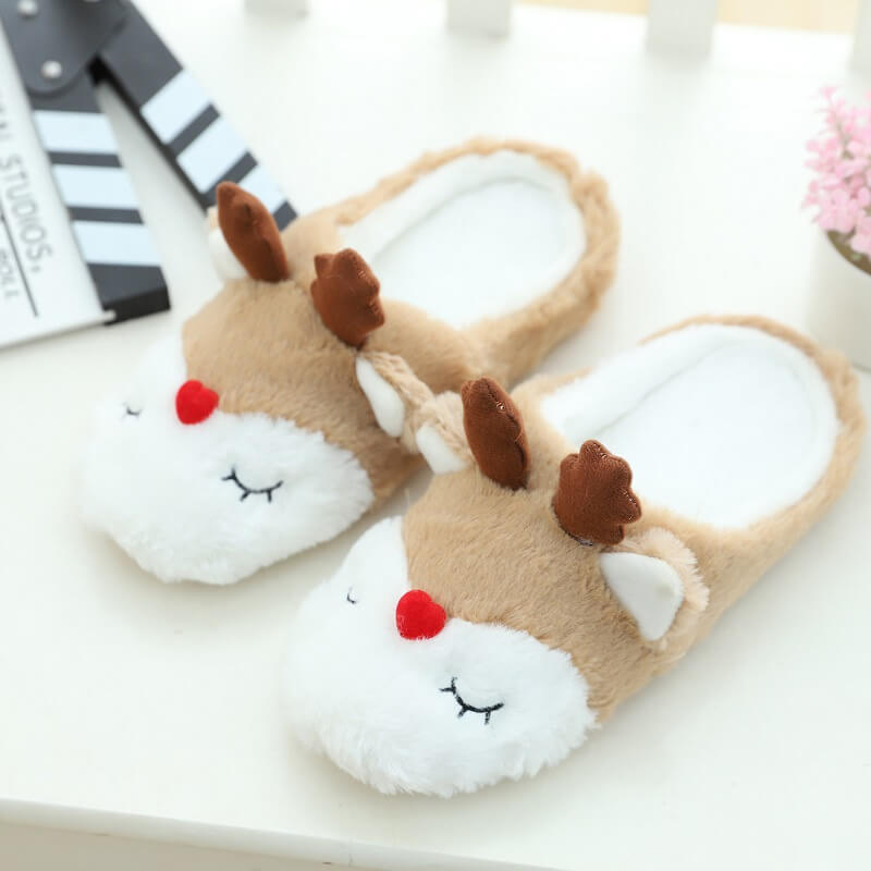 Cute Embroidered Christmas Moose Plush Indoor Home Women's Slippers