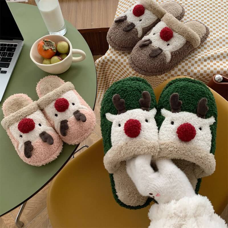 Cute Indoor Plush Slippers Christmas Elk Winter Warm Slippers