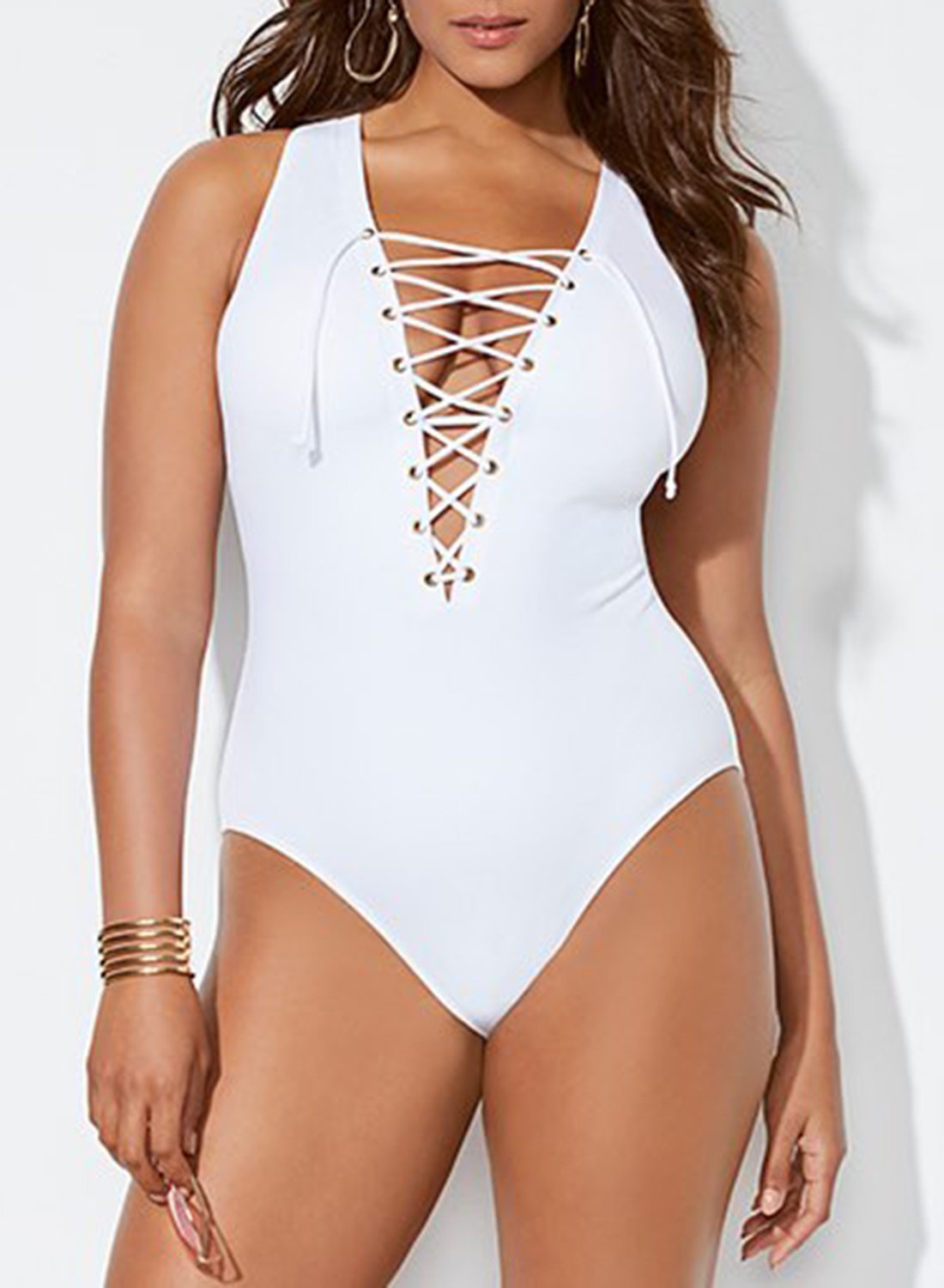 Black Lace Up One Piece Open Back Swimsuit