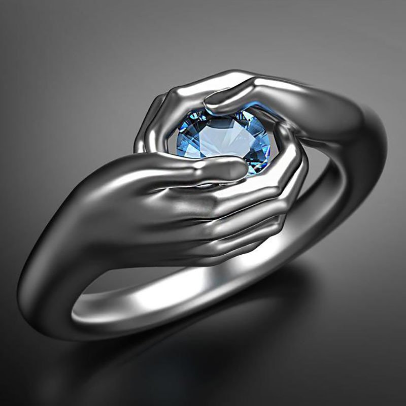 2022 New Hands Embracing Blue Gemstone Ladies Ring