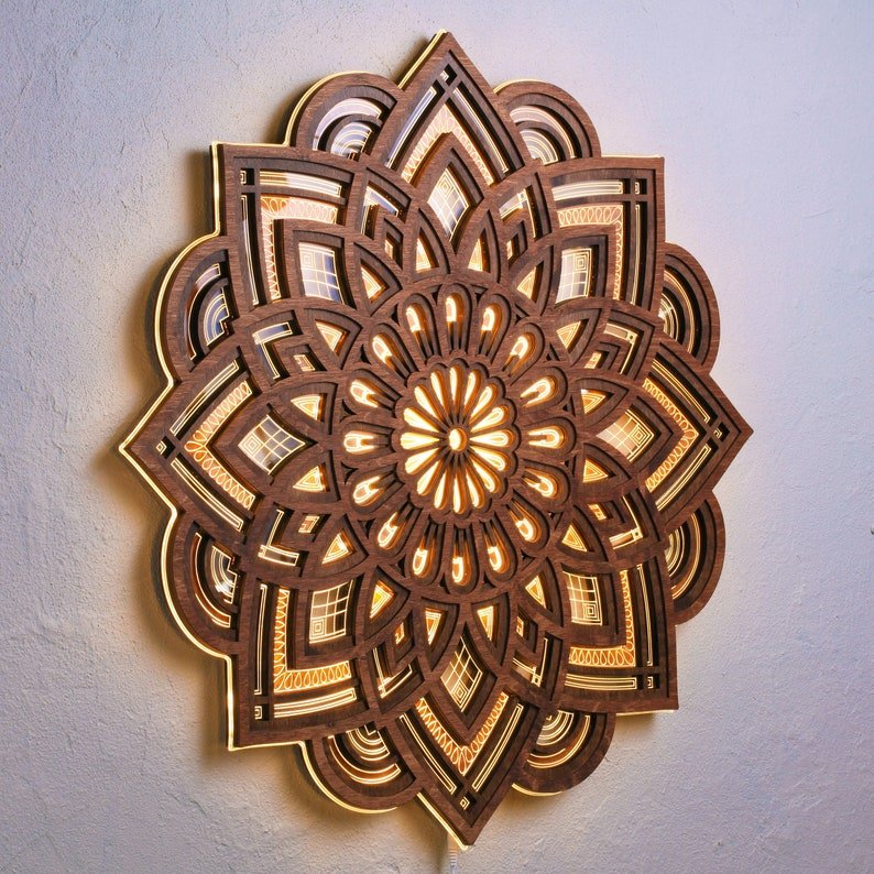 Handmade wooden mandala wall lamp